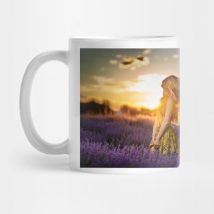 Young woman in blooming lavender field Mug